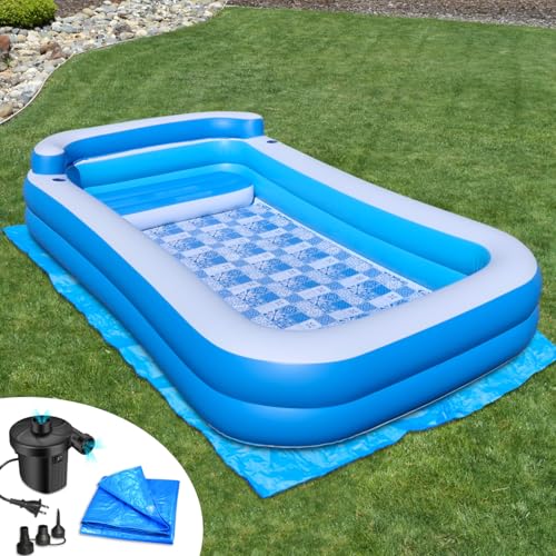 Inflatable Pool w/Bench Seat, 10ft x 6ft, Electric Pump & Ground Tarp Included - Fast Setup and Reinforced Seams