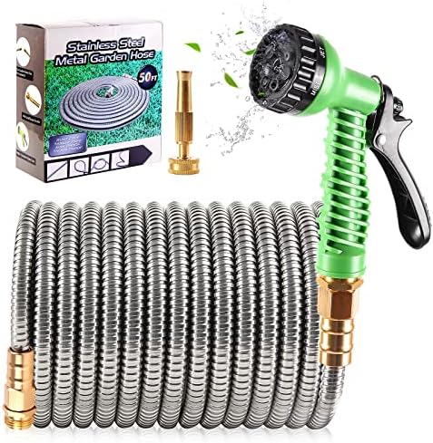 Yereen 304 Stainless Steel Metal Garden Hose 75FT, Garden Hose with 3/4" Solid Brass Fittings and 2 Function Nozzle, Kink Free Flexible Outdoor Water Hose