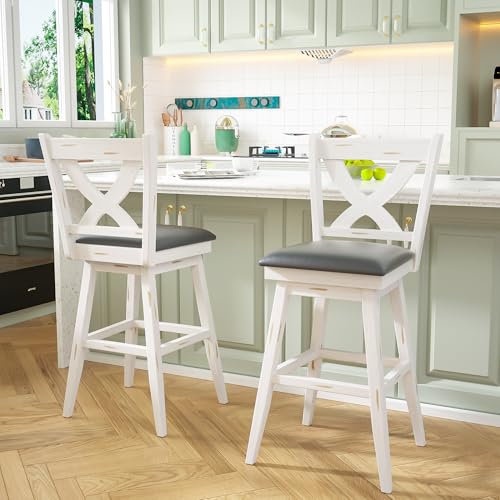 Image of MU Swivel Barstools Set of 6, 29 Inch Bar Height Kitchen Island Chairs with Back, Upholstered Seat Bar Stool with Solid Wood Legs & Footrest, Counter Stools for Pub, Bar, Restaurant (Antique White)