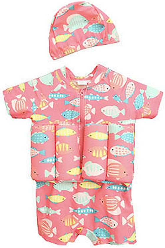 Baby Toddler Girls Boys Float Suit One Piece Rashguard Cartoon Short Sleeve Zip up Buoyancy Swimsuit +Cap