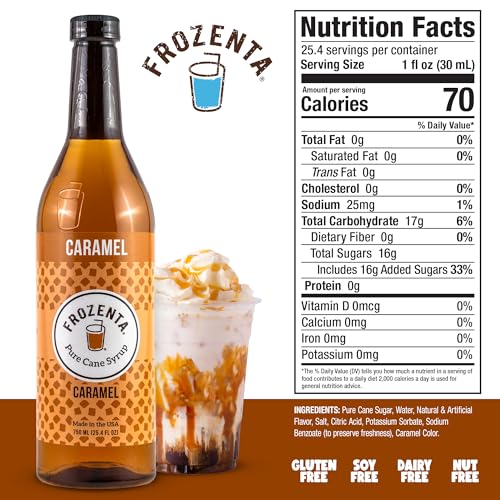 Image of Frozenta Caramel Flavored Syrup | For Coffee, Italian Sodas, Beverages, Desserts, Ice Cream, Cocktails & Mocktails, 100% Cane Sugar, Gluten Free, Soy Free