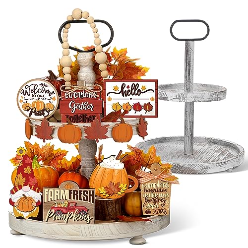 13 Pcs Fall Tiered Tray Decor with Two Tiered Tray Fall Table Decor Maple Leaf Pumpkin Signs Thanksgiving Fall Decor Autumn Harvest Decorative Trays Wooden Tabletop Signs for Home Kitchen