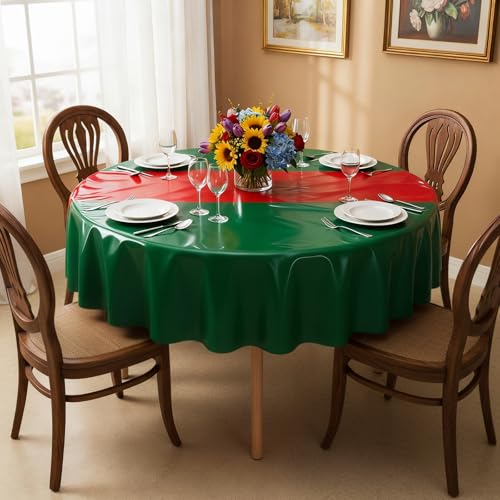 Image of Remagr 6 Pcs Round Plastic Tablecloth 84 Inch Disposable Tablecloth Party Table Cover for Graduation Wedding Birthday Retirement Decoration (Red,Green)