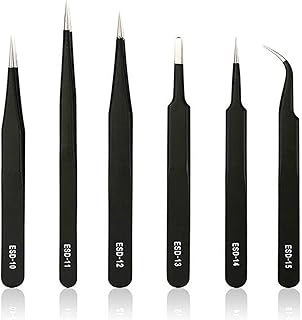 Bookeem 6PCS Precision Tweezers Set, Upgraded Anti-Static Stainless Steel Curved of Tweezers, ESD Tweezers Kit for Electronics, Soldering, Laboratory Work, Jewelry-Making, Craft (Black- 6PCS)