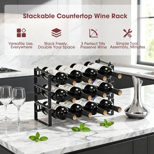 Stackable-Countertop-Wine-Rack-12-Wine-Bottles-Holder-for-Inside-Cabinet-ICOHOT-Small-Tabletop-Wine-Holder-Stand-for-Pantry-Bar-3-Tier-Angle-Adjustable-Wine-Bottle-Rack-for-Tight-Spaces