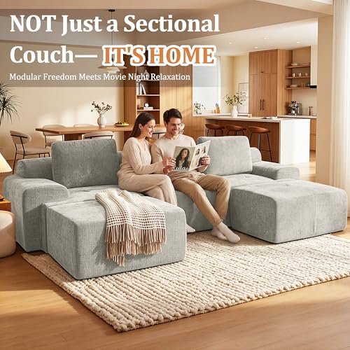 Image of 122 inch U-Shaped Modular Sectional Sofa, Oversized Boneless Cloud Couch for Living Room with Extra Deep Seat & High Back, Tool-Free No Assembly, Soft Chenille (Light Grey, 122 inch-U Shaped（3+2）)