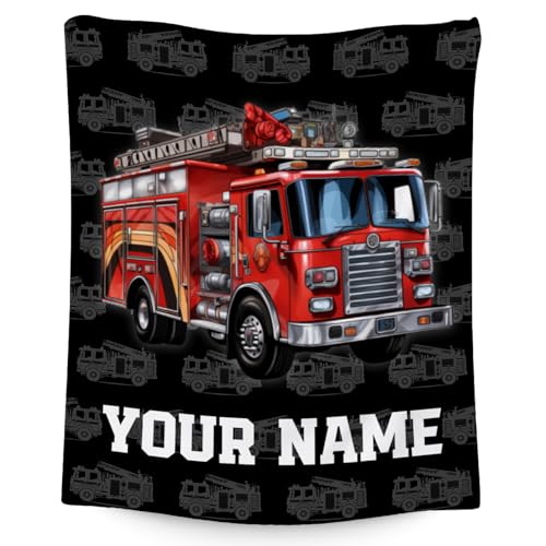 Toddler Blankets for Boys, Personalized Cozy Soft Fire Truck Throw Gifts for Kids, Black Flannel Firefighter Blankets for Couch Sofa, 40x50 Inches