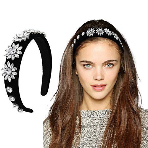 Fashion Velvet Rhinestone Headband for Women Girls Sparkling Crystal Flower Hair Band Wide Bling Headpiece Fashion Hair Accessory for Birthday Gifts Parties