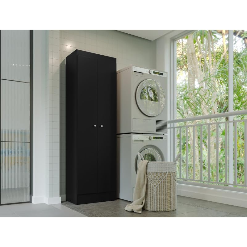 ACTUAL DIFFUSION Aura Armoire Multifonctions Noire 2 Portes 6 Niches 5 Étagères L 55 cm H 182.4 cm P 35 cm