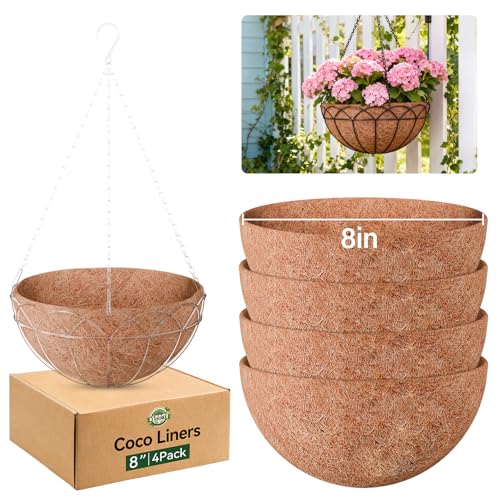 Halatool 4 Pack 8 Inch Coconut Liners for Planters 100% Natural Coco Coir Fiber Hanging Basket Liners Round Coco Liner for Flowers Vegetables Balcony Garden Patio Porch Home Decor