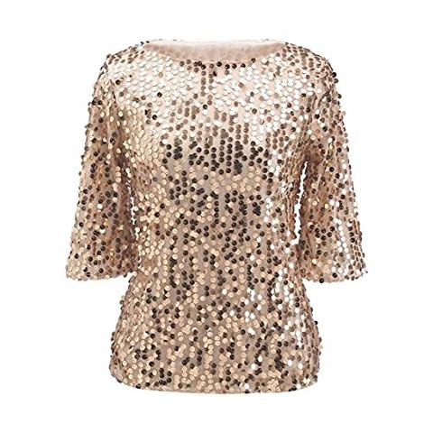 EASYHON Women Sequin Sparkle Glitter Tank Coctail Party Tops Shining T-Shirt Blouses Gold Cover