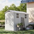 Patiowell 4x8 FT Plastic Outdoor Storage Shed with Floor, Garden Tool Resin Storage Shed with Two Windows and Single Lockable Door for Garden, Backyard, Lawn, Easy to Install, Light