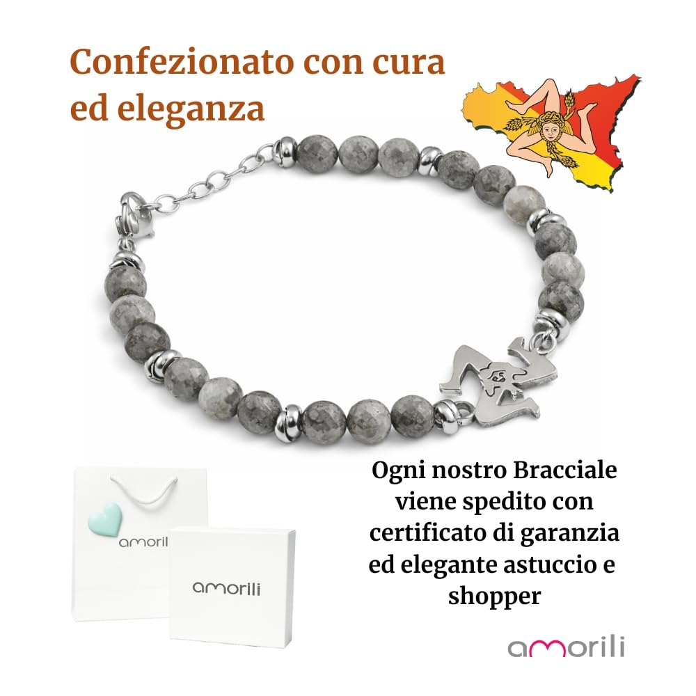 Bracciale Trinacria Uomo Donna in Acciaio Inox con Pietre Dure Vari Colori – Simbolo Sicilia Siciliano – Braccialetto Elegante