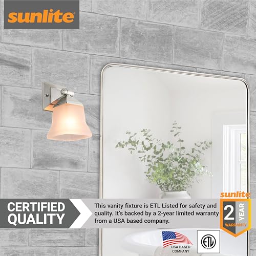 Image of Sunlite 46061 5 inch Modern Square Bell Vanity Wall Mount Light Fixture, Medium Base (E26) Socket, Standard A19 Bulb Required (100W Max), Frosted Glass Shade, ETL Listed, 1 Light Brushed Nickel Finish