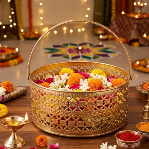Image of Multipurpose Metal Basket For Gift Hamper, Pooja Temple Storage With Sturdy Handle, Decorative Flower Organizer & Versatile Puja Utility Accessories Home Decoration (Round Double Jali)