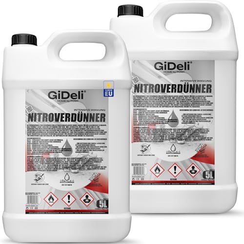 GiDeli Nitroverdünner 2 x 5L - Leistungsstarke Universeller Nitroverdünnung zum Reinigen von Pinseln und Malwerkzeugen - für Farben und Lacke - für Werkstatt- und Renovierungsarbeiten