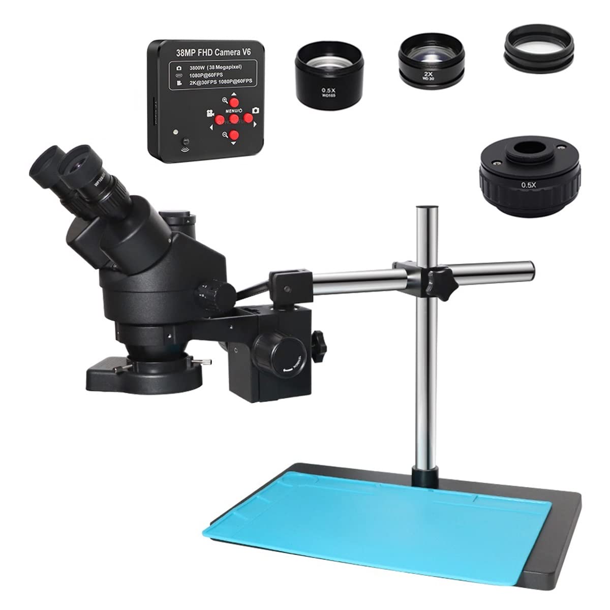 Microscope Trinocular Stereo Microscope with Simul-Focal Continuous Zoom 3.5X-90X Magnification + Camera Double Arm Stand 0.5X 2.0X Lens(Add 38MP 0.5X Cmount)