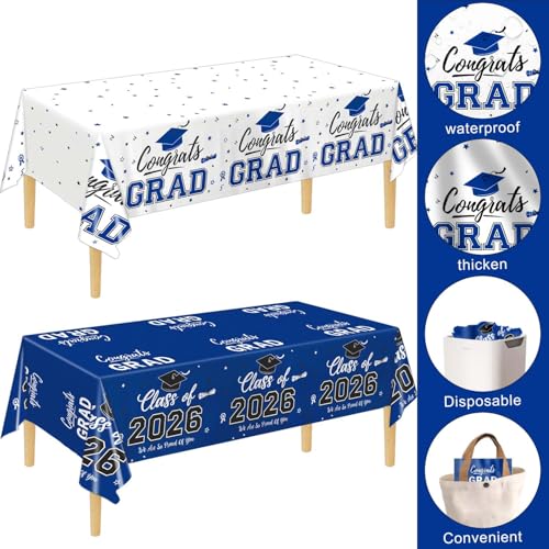 Image of Oigco 2026 Graduation Decorations, 2 Pack Blue Graduation Tablecloths Class of 2026, Congrats Grad Plastic Rectangle Table Cloths for Graduation Party Decorations, 54 x 108 Inch