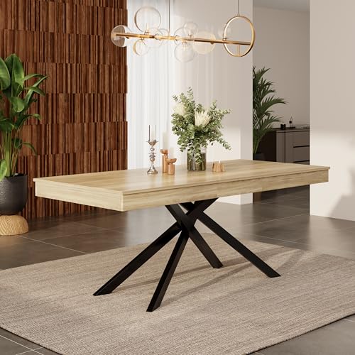 Kebnor Mesa de comedor extensible, 140/180 x 80 cm, adecuada para 6-8 personas, forma derecha, mesa engrosada, patas de metal, estilo simple, mesa para comedor, cocina, sala de estar (color roble)