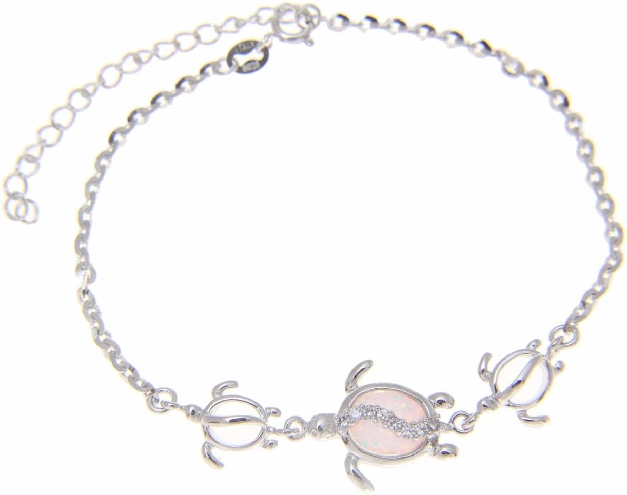Arthur's Jewelry 925 sterling silver Hawaiian honu turtle cz white synthetic opal link chain anklet 9"+