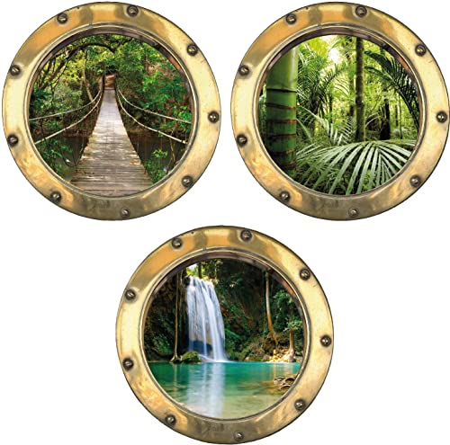 Lot de 3 Stickers Trompe l'oeil hublot Forêt Tropicale 30x30 cm - 2052