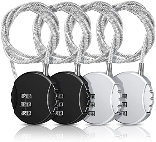 4 Pieces 3 Digit Combination Lock Wire Stroller Waterproof Padlock Cable Locks Lightweight Locker Lock Flexible Gate Lock for School Luggage Helmet Gym Fence Door Sports Bike (Black, Silver)