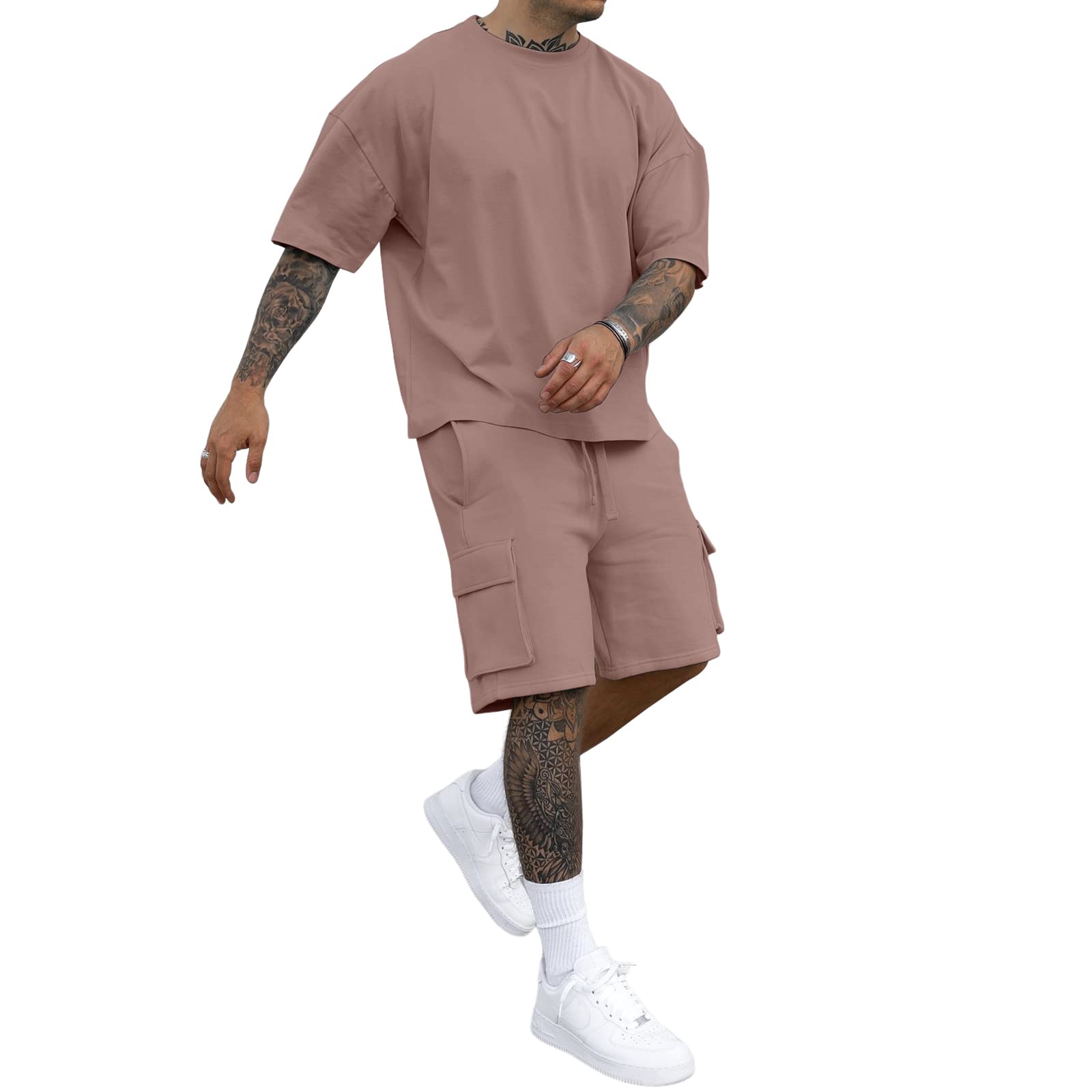 AulemenMen's 2 Pieces Shirt Set Tracksuit Casual Short Sleeve Sweatsuits Summer Sport Outfits for Men with Cargo Pocket