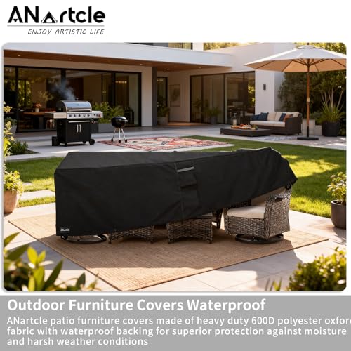 Image of ANartcle Patio Furniture Covers 111L x 74W x 28H inch,600D Waterproof Heavy Duty Outdoor Furniture Covers,Outdoor Wicker Furniture Set with Swivel Patio Chairs General Purpose Furniture Cover,Black