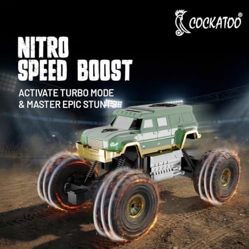 Image of Cockatoo-Kids Trailblazer 2WD Rechargeable Remote Control Car with App & Remote, Off-Road Monster Truck Toy for Boys Girls, Nitro Boost, Shock Absorber, Bluetooth Speaker, Fast USB Charging, Green