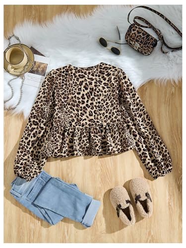 MakeMeChic Girl's Leopard Print Bow Blouse Crew Neck Ruffle Hem Long Sleeve Shirt Top2