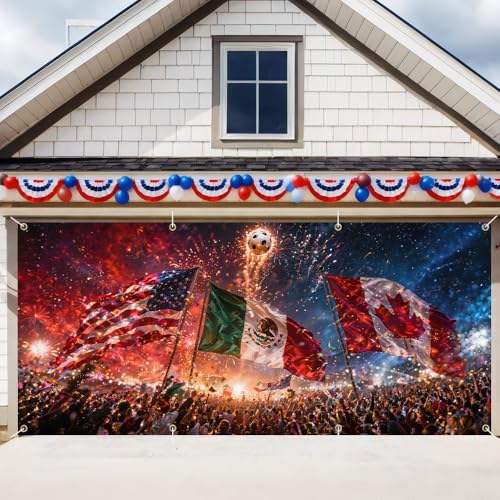 Image of Soccer Fans Garage Door Cover 157x70 Inch Large USA Mexico Canada Flag Fireworks Banner Backdrop for 2026 Sports Party Tailgate Game Day Outdoor Wall Hanging Tapestry Decor