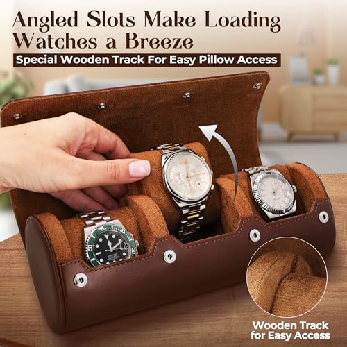 Image of Luxury Father's Gift, Travel Watch Case 3 Slots, Bonus Pouch Included, Portable Organizer, PU Leather Watch Roll, Home Storage, Angled Easy-Removal Cushions, Scratch-Resistant Padded Velvet Lining