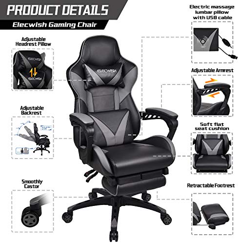 ELECWISH Ergonomic Swivel Video Game Chairs High-Back Office Chair w/PU Leather and Adjustable Armrests (Grey)