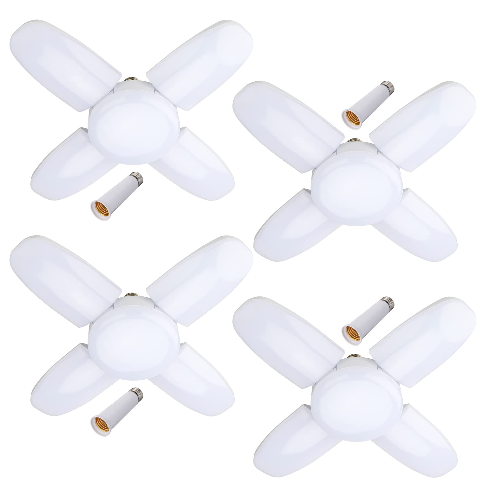 LED Garage Lights 4 Pack, 80W LED Shop Light with 4+1 Multi-Position Panels Deformable E26/E27 Ceiling Light, 6500k 8000LM Ceiling Led Daylight for Shop, Basement, Workshop, Attic, Barn