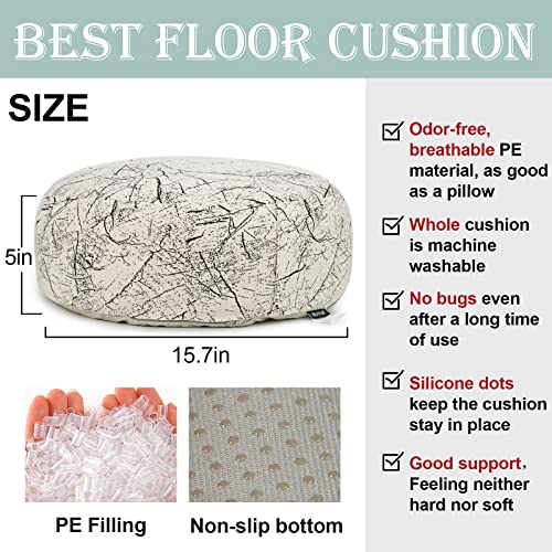 Buyue Modern Artistic Pattern Floor Cushion Dia 15.7" No Bugs Pe Filled Large Meditation Yoga Round Floor Pillow Washable, 1 Pcs, White #TOP3