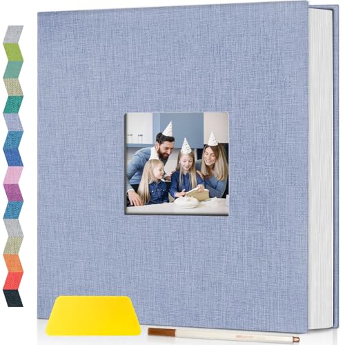 Image of popotop Photo Album Self Adhesive with Picture Display Window,60 Pages DIY Scrapbooking Supplies Kit for 4x6 8x10 Picture,Linen Cover Memory Book for Baby Wedding, with Scraper and Metallic Pen