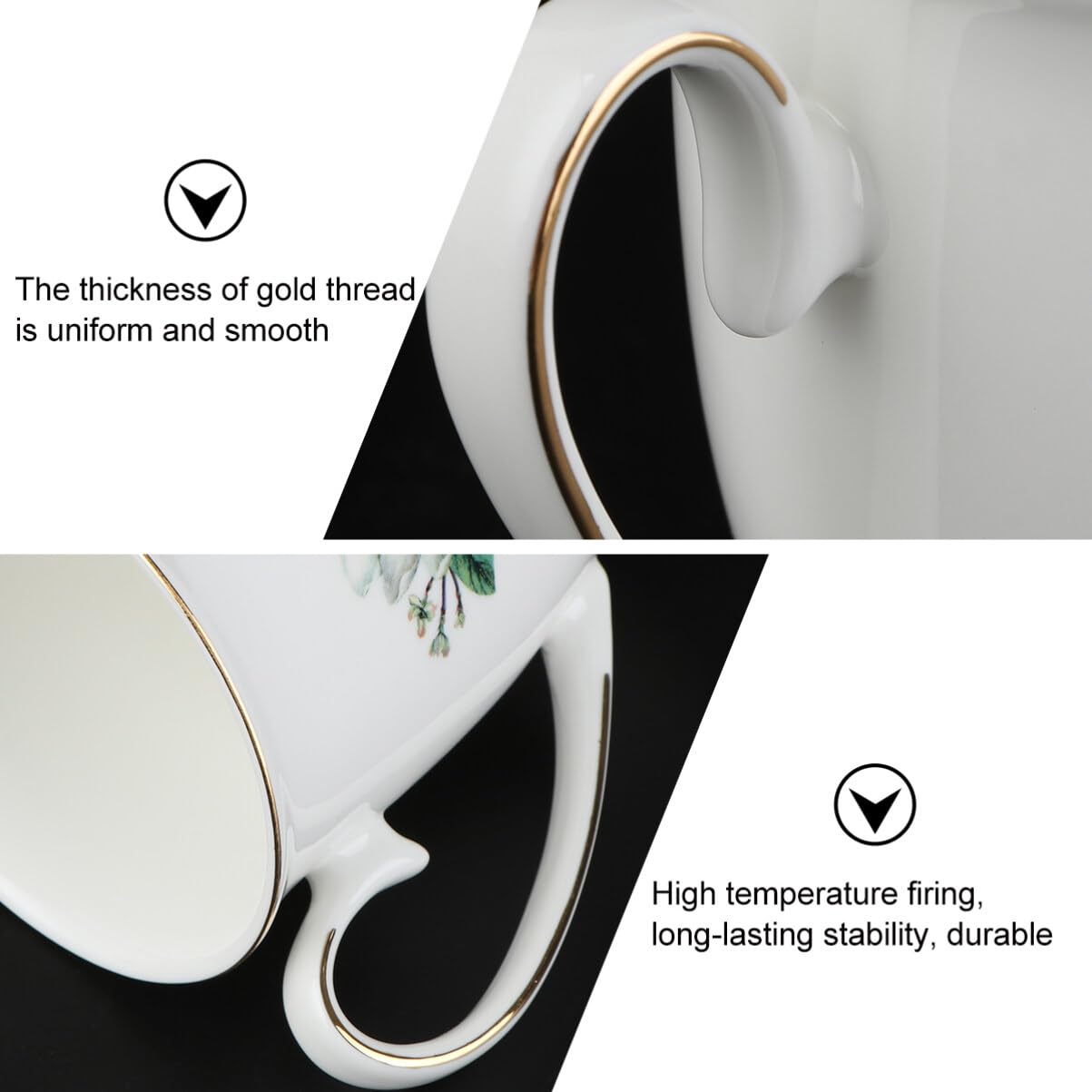 HEMOTON Gold Rim Bone China Mug 11Oz Fine Porcelain Coffee Cup with Floral Pattern Ergonomic Handle for Home Office Tea Cappuccino - Image 3