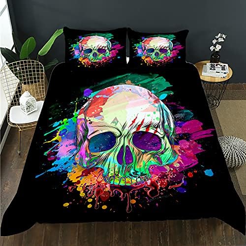 AILONEN Skull Bedding Sets for Teen Boys,Skull Pattern Printed Duvet Cover Set,Skeleton Theme Bedding Set, Comforter Cover Queen Size,1 Quilt Cover 2 Pillowcases 3 Piece