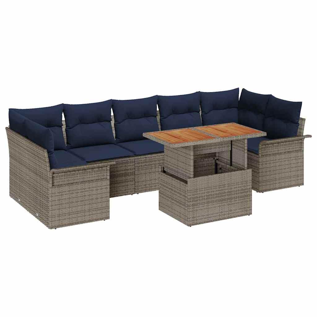 Set di mobili da giardino in rattan, 8 pezzi, grigio e blu navy