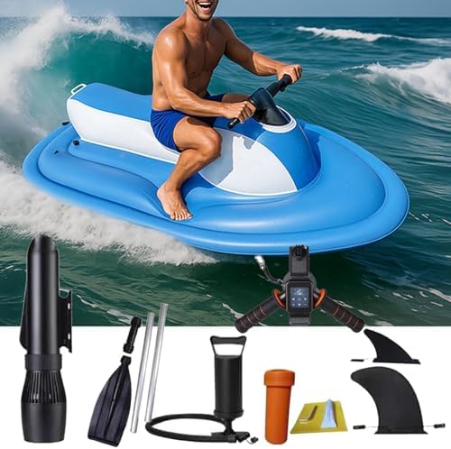 Inflatable Electric Motor Boat & 500W Underwater Scooter Combo 2025 - Upgraded 3-10km/H, 10000mAh (130 Min) Battery, 360° Handle - Portable for Pool, Lake & Ocean Fun, White with Thruster