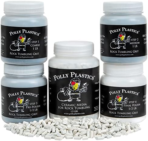 Polly Plastics Rock Tumbler Grit and Polish Refill & Ceramic Tumbling Filler Media (4.5lb Total Weight) - Silicone Carbide Polisher Grit - Stone Polishing for Gems - Rock Polish Supplies & Accessories
