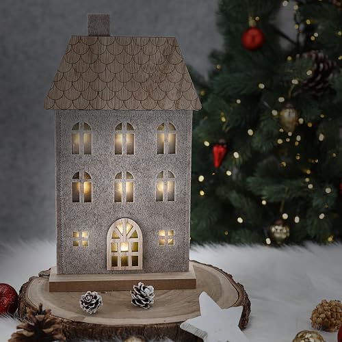 Cepewa LED Haus auf Holzfuss | Polyesterfilz MDF 17x30x5cm 9 LEDs batteriebetrieben | Leuchthaus mit Timerfunktion