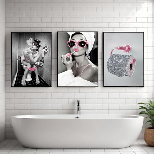 3 Affiche Salle de Bain Noir et Blanc 30X40CM Poster Toilette WC Tableau Decoration Murale Femme Toile WC Noir et Blanc et Rose Affiche Murale Toilette Poster Salle de Bain Rose Modern sans Cadre