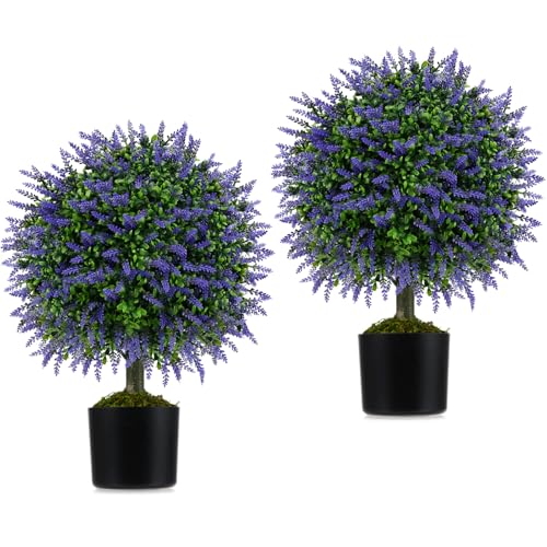TANGZON Artificial Topiary Trees Set of 2, Decorative Faux Boxwood Topiary Plant in Pot with Flowers, Tall Indoor Outdoor Fake Ball Plants for Home Garden Office (Purple Lavender, 58cm)