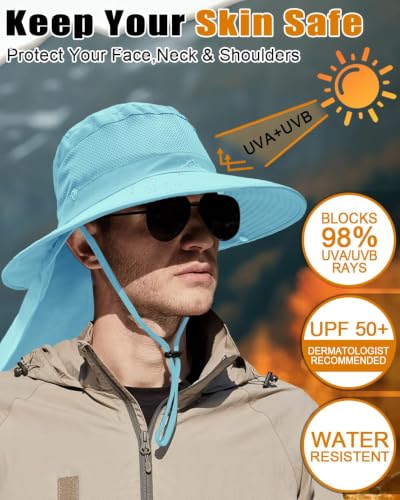 Image of Outdoor Sun Hats with Stowable Neck Flap for Men Women UPF 50+ Mesh Summer Bucket Hat Wide Brim for Fishing Safari Hiking