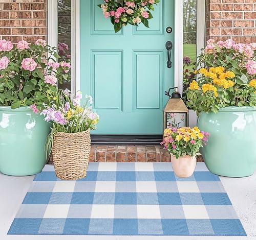 Light Blue and White Front Door Mat 24X35 Buffalo Plaid Checked Front Porch Rug Cotton Woven Washable Rug Layering Doormat for Welcome Door Mat Entryway Dining Room Bedroom Living Room