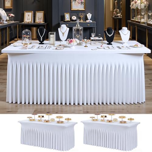 Image of 6ft White Spandex Tablecloth for Rectangle Tables, 2 Pack for Wedding Party