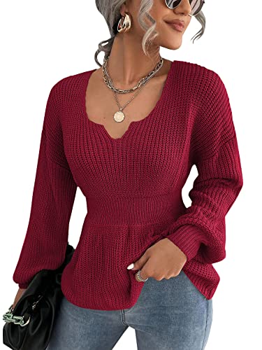 Image of Veatzaer Womens V Neck Sweaters Fall Trendy Casual Long Lantern Sleeve Ribbed Knit Pullover Sweater Tops
