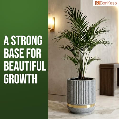 Image of BonKaso 14 Inch Tower Plant Pot for Indoor & Outdoor | Modern Lightweight Polymer Planter | Weather, UV & Frost Resistant | Ideal for Living Room, Balcony, Office & Nursery (Light Grey)