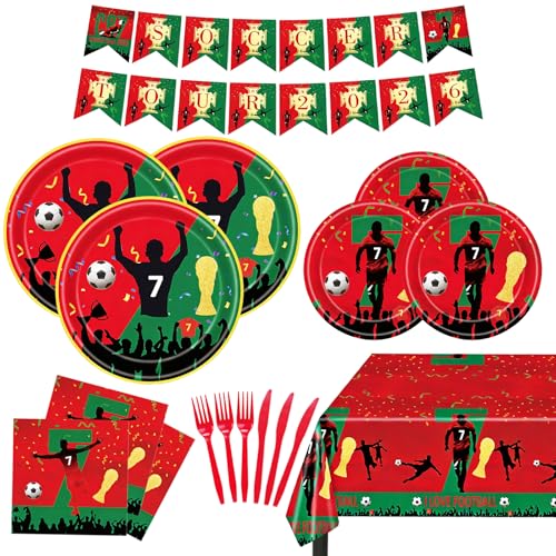 117 PCS Ronaldo Soccer Party Decorations Kit Ronaldo Football Theme Birthday Decorations with Plates Napkins Knives Forks Tablecloth Pennants for Game Day Supplies Serves 20